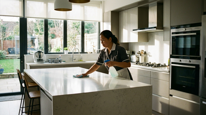 Hauswirtschaftskraft reinigt die Arbeitsfläche in einer modernen Küche