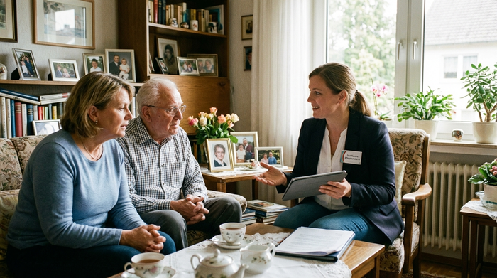 Zertifizierte Pflegeberaterin im Gespräch mit einer Familie im heimischen Wohnzimmer