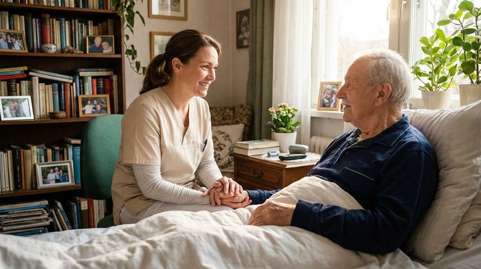 Freundliche Pflegekraft sitzt am Bett eines Seniors und führt ein beruhigendes Gespräch in häuslicher Umgebung
