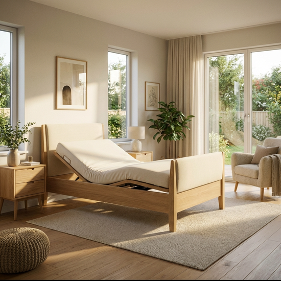 Modernes Pflegebett in einem hellen Schlafzimmer zu Hause