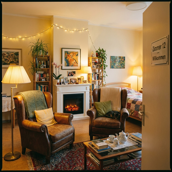 Wohnlich eingerichtetes Zimmer in einem Hospiz mit bequemen Sesseln und warmem Licht