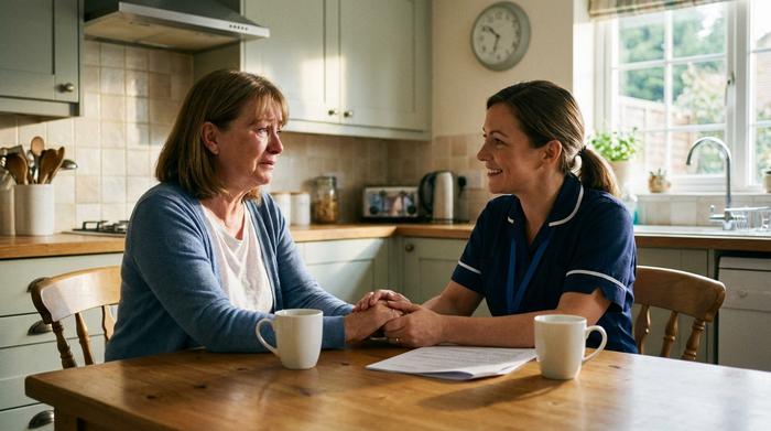 Angehörige und Pflegekraft im gemeinsamen, unterstützenden Gespräch