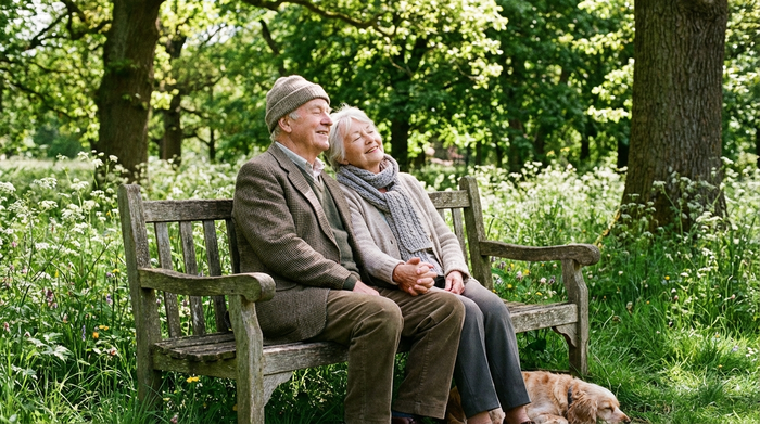 Älteres Ehepaar sitzt entspannt auf einer Parkbank im Grünen und genießt die frische Luft