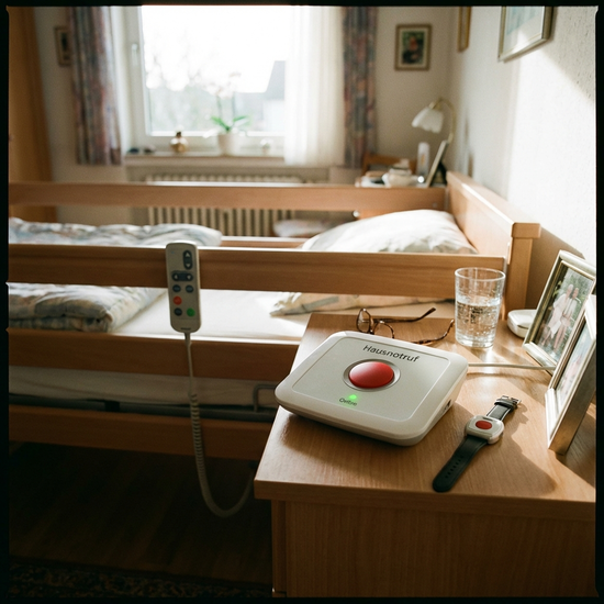 Hausnotruf-Gerät gut sichtbar auf einem Nachttisch neben einem Pflegebett