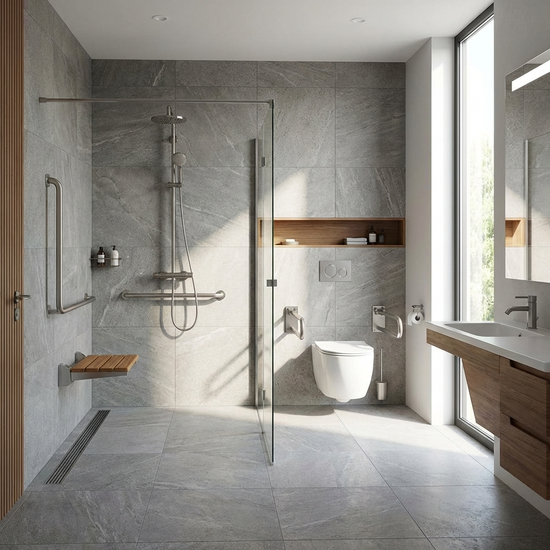 Modernes, barrierefreies Badezimmer mit Haltegriffen und ebenerdiger Dusche