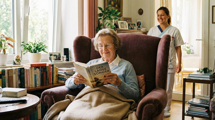 Ältere Dame sitzt entspannt in einem bequemen Sessel und liest ein Buch, während eine Pflegekraft im Hintergrund freundlich lächelt