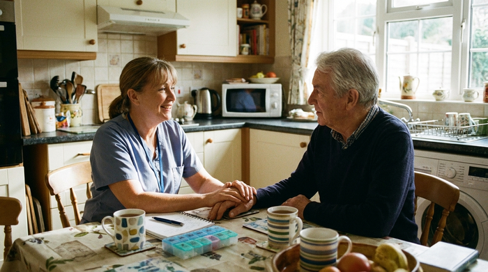Pflegekraft und Angehörige im Gespräch am Küchentisch