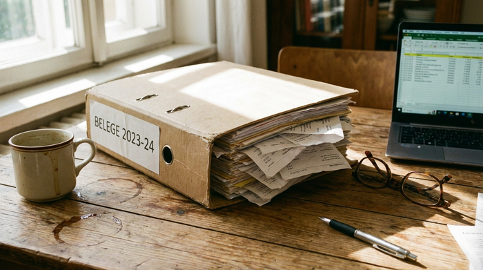 Ordner mit gesammelten Belegen auf einem Tisch