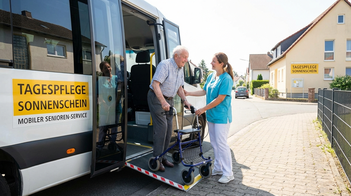 Senior steigt mit Hilfe einer Pflegekraft sicher in einen Kleinbus für die Tagespflege