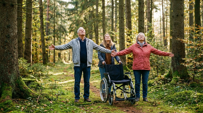 Pflegende Angehörige bei einem Waldspaziergang, tief durchatmend in der Natur