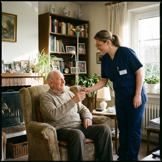 Professionelle Pflegekraft reicht einem Senior ein Glas Wasser im heimischen Wohnzimmer