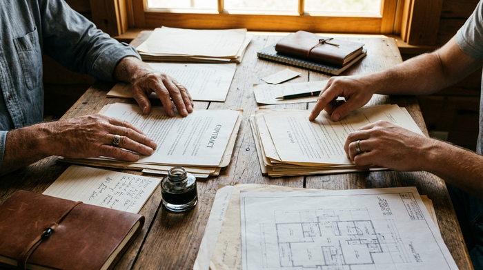Detailaufnahme von Händen, die gemeinsam wichtige Dokumente auf einem Holztisch sortieren