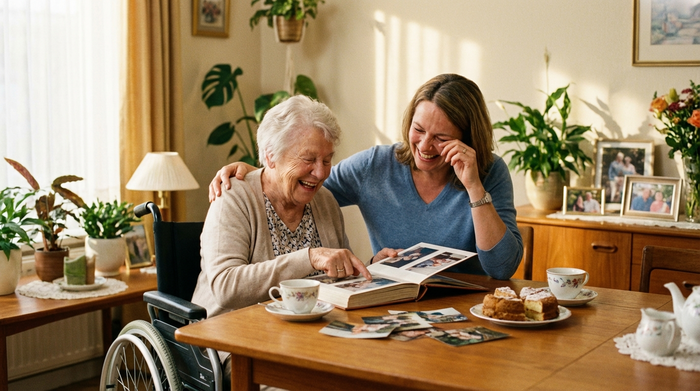 Tochter und pflegebedürftige Mutter lachen gemeinsam am Esstisch beim Betrachten eines Fotoalbums