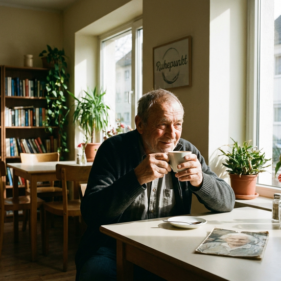 Pflegender Angehöriger genießt eine Tasse Kaffee allein in einem ruhigen Café