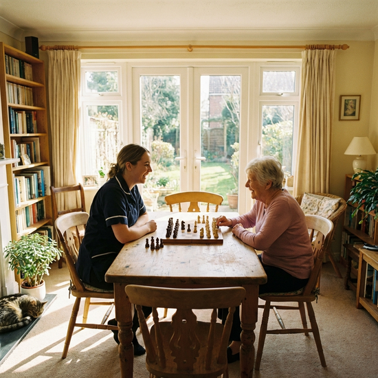 Ersatzpflegekraft spielt mit Seniorin eine Partie Schach im hellen Wohnzimmer