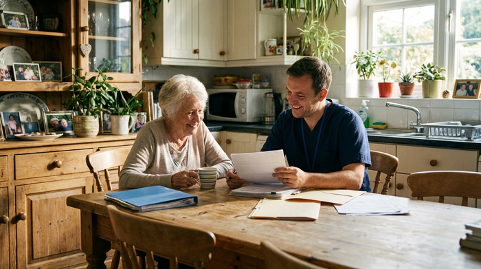 Senior und Pflegekraft sitzen am Küchentisch und besprechen entspannt Unterlagen