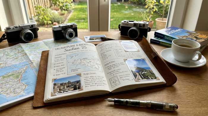Notizbuch mit Stift auf einem Schreibtisch zur Urlaubsplanung