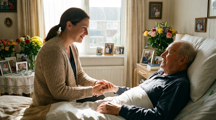 Pflegerin hält sanft die Hand eines älteren Patienten im häuslichen Pflegebett