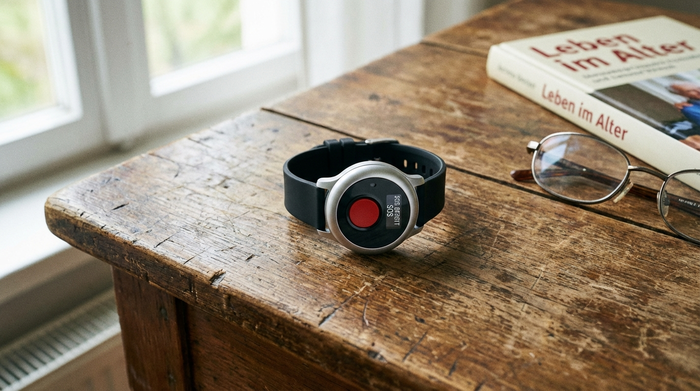 Hausnotruf-Sender als Armband auf einem Holztisch