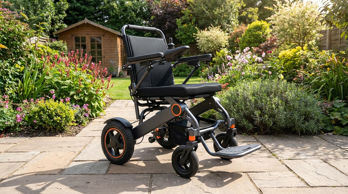 Kompakter elektrischer Rollstuhl auf einem befestigten Gartenweg