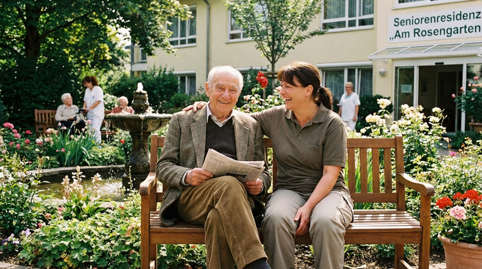 Älterer Herr und Pflegerin sitzen entspannt im Garten einer Pflegeeinrichtung auf einer Bank