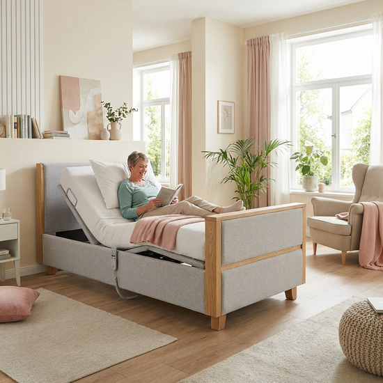Modernes Pflegebett mit verstellbarem Kopfteil in freundlichem, hellem Zimmer