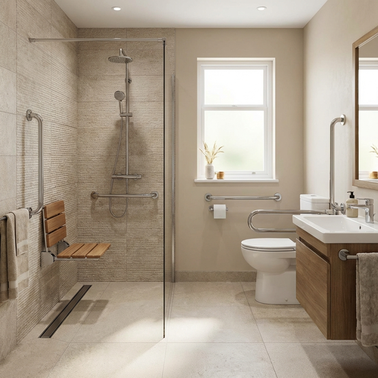 Barrierefreies Badezimmer mit Haltegriffen, Duschsitz und bodengleicher Dusche