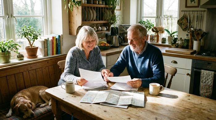Älteres Ehepaar betrachtet gemeinsam entspannt Unterlagen am Küchentisch