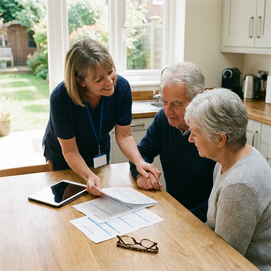 Pflegerin bespricht einfühlsam Dokumente mit Senioren am Tisch