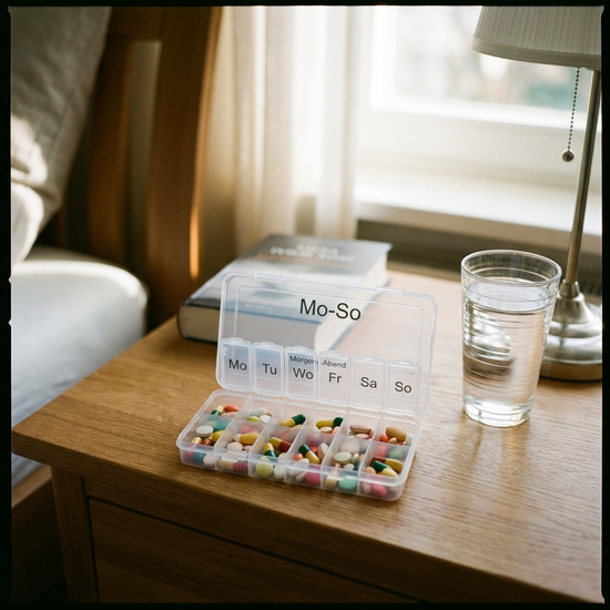 Ordentlich sortierte Medikamentenbox auf einem Nachttisch neben einem Wasserglas