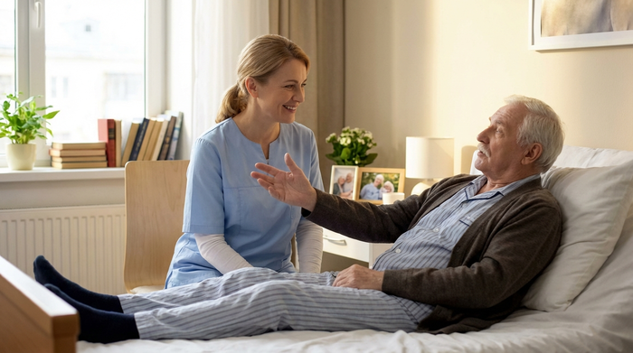 Freundliche Pflegekraft sitzt am Bett eines älteren Herrn und hört ihm aufmerksam zu