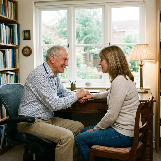 Arzt und Patientin sitzen im vertrauensvollen Gespräch zusammen