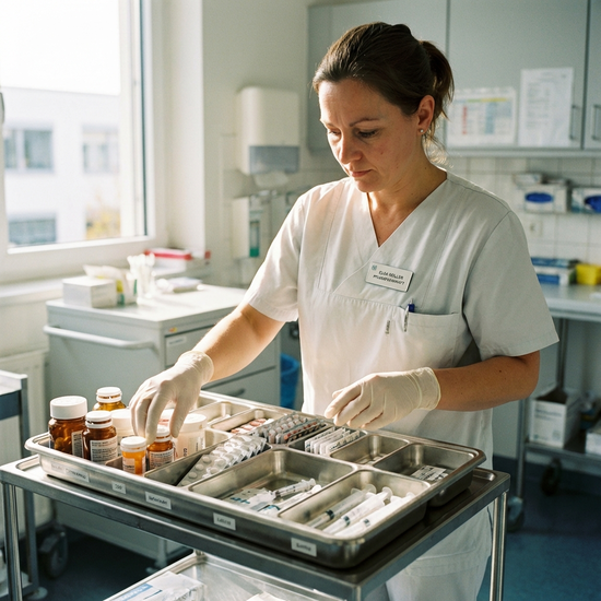 Medizinische Fachkraft richtet sorgfältig Medikamente auf einem Tablett