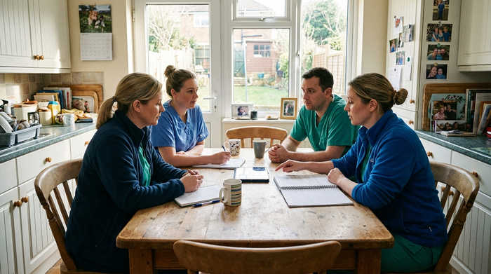 Pflegeteam bespricht sich ruhig am Küchentisch der Familie