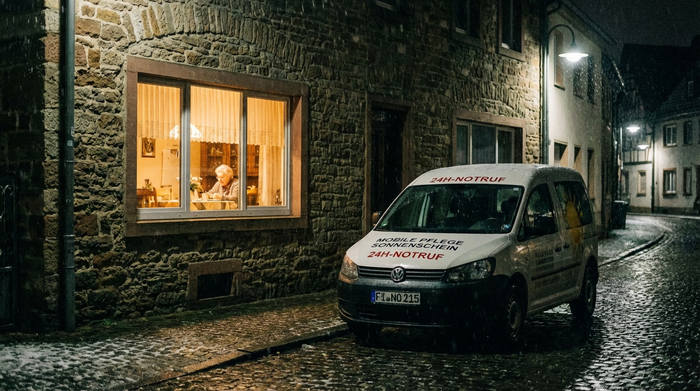 Nachtszene: Beleuchtetes Fenster eines Hauses, davor parkt ein Auto eines Pflegedienstes