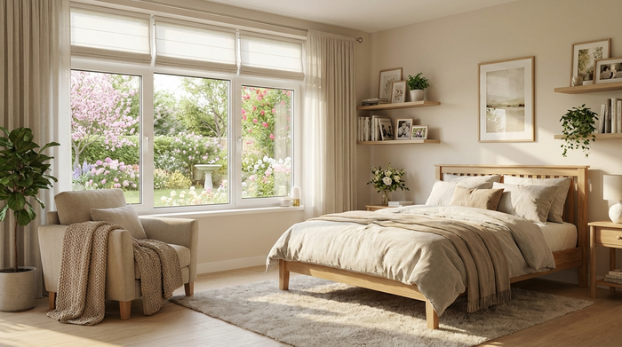 Helles, freundlich eingerichtetes Zimmer in einem stationären Hospiz mit Blick in den Garten