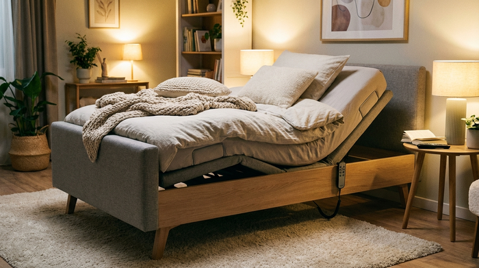 Modernes, elektrisch verstellbares Pflegebett in einem gemütlichen Schlafzimmer