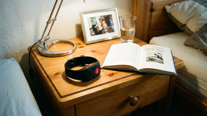 Hausnotruf-Armband auf einem Nachttisch neben einem Buch