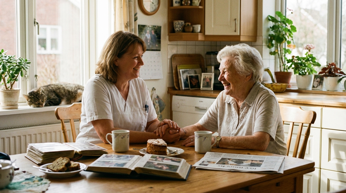 Freundliche Pflegekraft und Seniorin sitzen gemeinsam am Küchentisch und unterhalten sich
