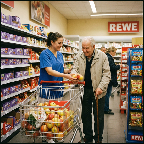Pflegerin hilft älterem Herrn beim Einkaufen im Supermarkt