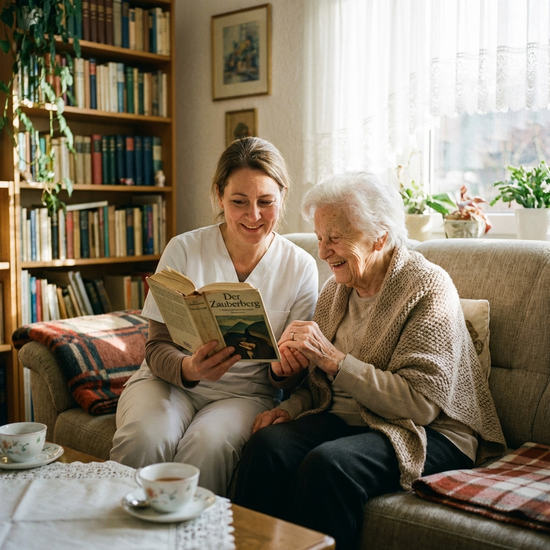 Betreuerin liest einer Seniorin auf dem Sofa aus einem Buch vor