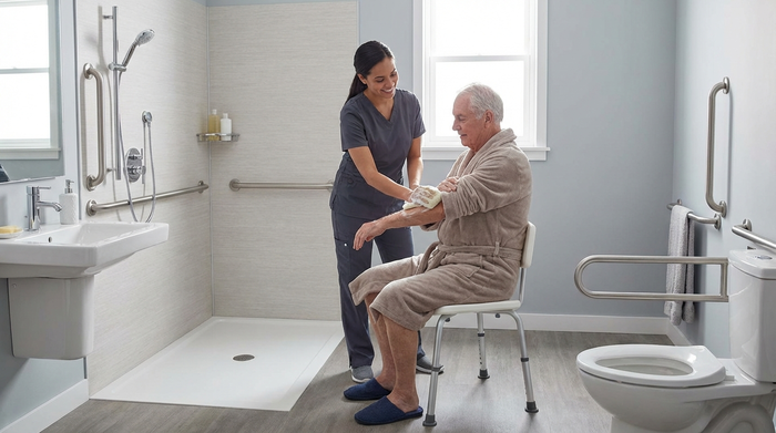 Professionelle Pflegekraft unterstützt Senior bei der Körperpflege im barrierefreien Bad