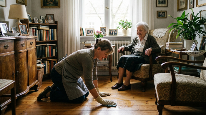 Hauswirtschaftskraft reinigt den Boden im Wohnzimmer einer Seniorin