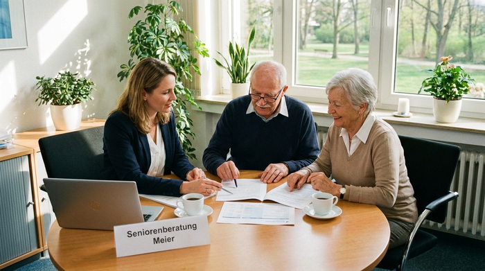 Beraterin sitzt mit Senioren-Ehepaar am Tisch und bespricht Unterlagen
