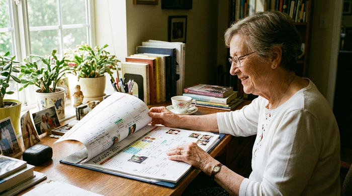 Seniorin blättert in einem übersichtlichen Kalender auf dem Schreibtisch