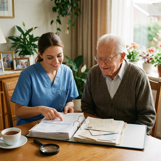 Pflegekraft und Senior prüfen gemeinsam Dokumente in einem Hefter