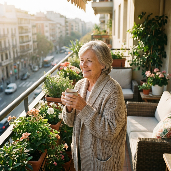 Entspannte Seniorin trinkt Kaffee auf dem Balkon
