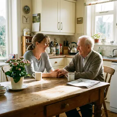 Pflegerin und Senior im entspannten und vertrauensvollen Gespräch am Küchentisch