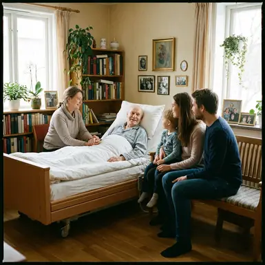 Familie sitzt gemeinsam in ruhiger, unterstützender Atmosphäre am Bett eines Seniors
