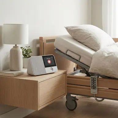 Modernes Hausnotruf-Gerät auf einem aufgeräumten Nachttisch neben einem Pflegebett